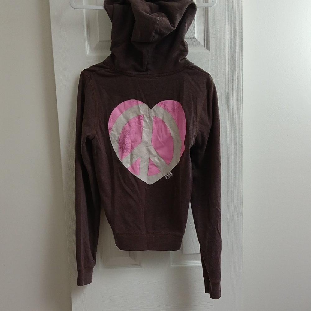 Vintage Y2K PINK Victoria's Secret Brown Hoodie with Hearts & Peace Sign Zip Up